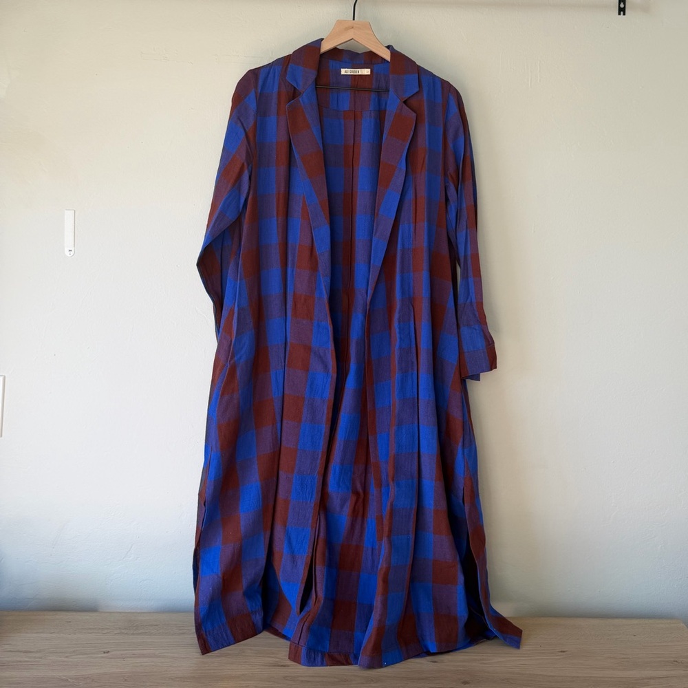Ali Golden Raw Silk Gingham Duster Jacket